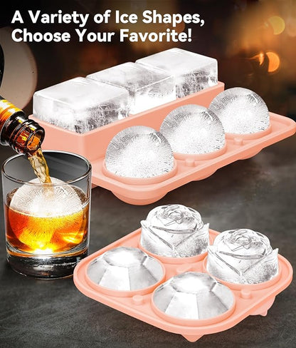 Ice Cube Tray with Lid, Silicone Ice Molds with Round, Square, Diamond, Rose, Large Ice Cube Mold for Whiskey, Bourbon, Cocktails, Easy Release BPA Free, Set of 2