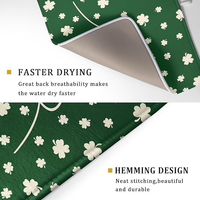 Giwawa St Patricks Day Dish Drying Mat Green Lucky Clovers Dish Drainer Mats 18"x24" Shamrock Holiday Microfiber Reversible Dish Drying Rack Pad Protector for Kitchen Countertop Large Decor