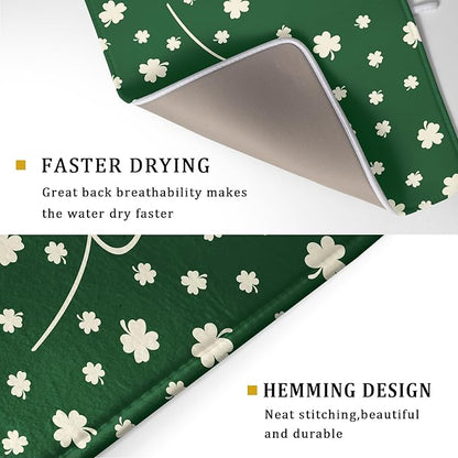Giwawa St Patricks Day Dish Drying Mat Green Lucky Clovers Dish Drainer Mats 18"x24" Shamrock Holiday Microfiber Reversible Dish Drying Rack Pad Protector for Kitchen Countertop Large Decor