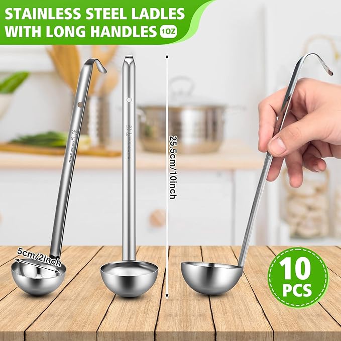 Potchen 10 Pcs Stainless Steel Soup Ladle Set Small Ladle Sturdy Long Handle Portion Control Serving Spoons for Cooking Sauce Gravy Stirring & Kitchen Home Use(1 oz) - Image 2