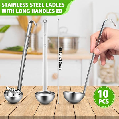 Potchen 10 Pcs Stainless Steel Soup Ladle Set Small Ladle Sturdy Long Handle Portion Control Serving Spoons for Cooking Sauce Gravy Stirring & Kitchen Home Use(1 oz) - Image 2
