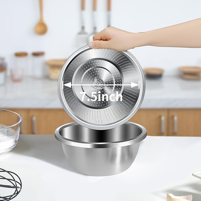 Colander 304 Stainless Steel 3-quart with Mixing Bowls, Strainer for Kitchen Food For washing vegetables, fruit, rice, Dishwasher Safe. (2PC) - Image 5