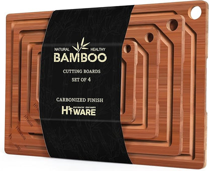Hiware 4 Pieces Extra Large Wooden Cutting Boards Set- Bamboo Cutting Boards for Kitchen Meal Prep & Serving, Cutting Board with Deep Juice Groove & Built-in Handles, Charcuterie & Chopping Board by HIWARE