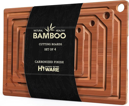 Hiware 4 Pieces Extra Large Wooden Cutting Boards Set- Bamboo Cutting Boards for Kitchen Meal Prep & Serving, Cutting Board with Deep Juice Groove & Built-in Handles, Charcuterie & Chopping Board by HIWARE