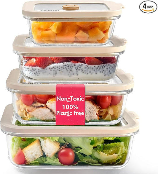 Ziruma Non-Toxic 4 Pack - Glass Food Storage Containers With Lids – Plastic Free, Airtight Meal Prep Containers, Multi-Size (12, 21, 35, 50 Oz), Microwave & Freezer Safe by Ziruma