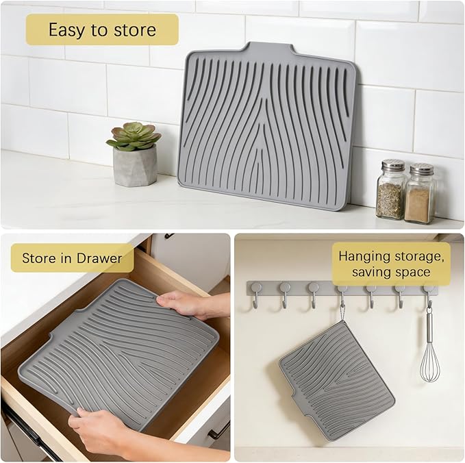 Silicone Drying Mat, 16"X13" With Built-in Drain Lip,Heat-Resistant,Eco-friendly,Hygienic Drying Pad,Leak-Proof and Non-Slip,Silicone Dish Drying Mat for Kitchen Counter or Sink（Gray 16X13） - Image 6