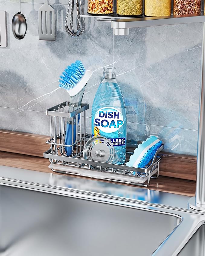 Consumest Sink Caddy, Kitchen Sponge Holder with Dish Brush Holder, Kitchen Organizer with Drip Tray for Countertop, Stainless Steel Rustproof - Silver - Image 5