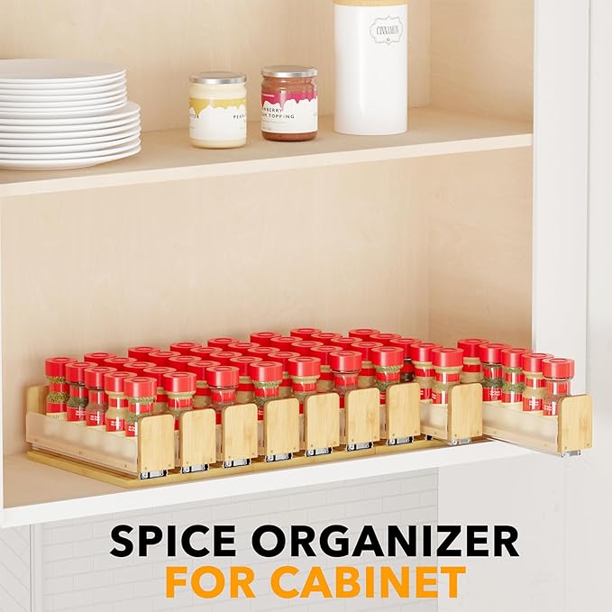 SpaceAid Bamboo Pull Out Spice Rack Organizer for Cabinet, Heavy Duty Slide Out Seasoning Kitchen Pantry Sliding Vertical Organization, 7.6" Wide, 3 Drawers(2" Wide), 1-Tier, Natural - Image 6