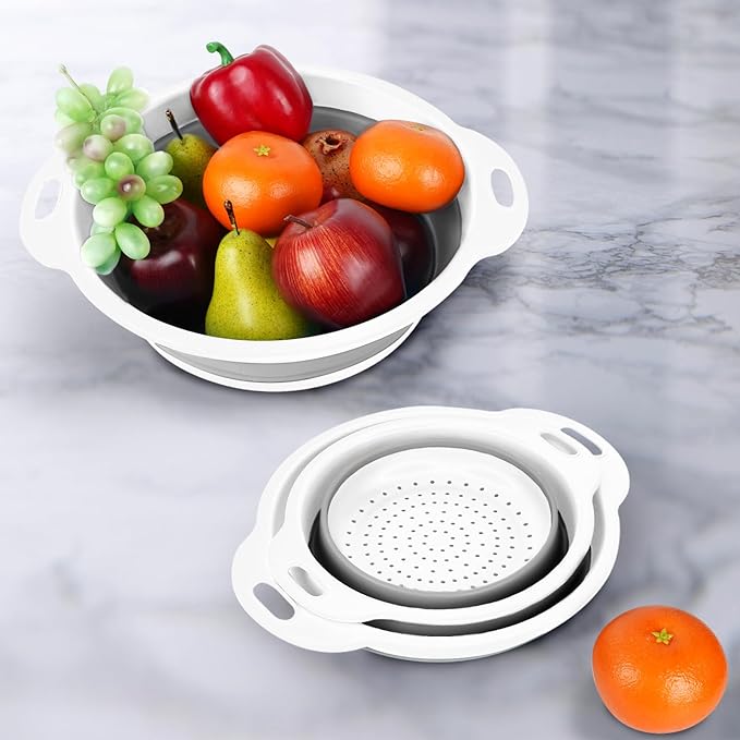Collapsible Colander 3-Pack Set Space-Saving Foldable Kitchen Strainer with Non-Slip Base Durable Thickened PP+TPE Collapsible Strainers for Pasta, Vegetables, Fruits (Gray-White) - Image 3