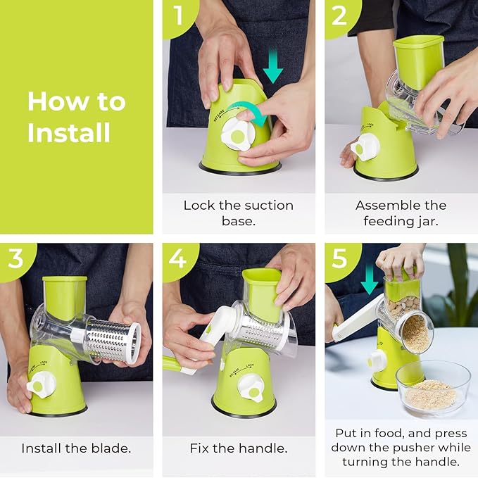 X Home Rotary Cheese Grater for Kitchen, Shredder with 3 Interchangeable Blades, Rotary Grater with Handle and Strong Suction Base, for Vegetables, Fruit, Nuts, Easy to Use and Clean, Green - Image 7