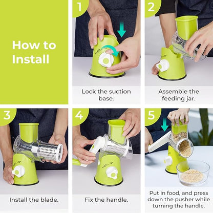 X Home Rotary Cheese Grater for Kitchen, Shredder with 3 Interchangeable Blades, Rotary Grater with Handle and Strong Suction Base, for Vegetables, Fruit, Nuts, Easy to Use and Clean, Green - Image 7