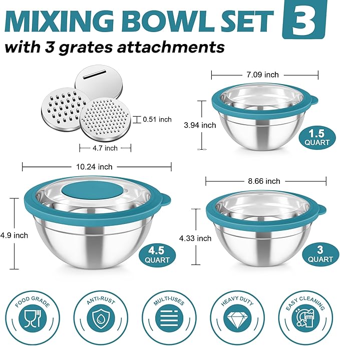 TeamFar Mixing Bowls, 3PCS Stainless Steel Serving Salad Bowls with Lids & 3 Graters, For Kitchen Mixing/Baking/Storing/Prepping, Visible & Airtight, Easy Clean - 4.5/3 / 1.5 QT, Dark Blue - Image 2