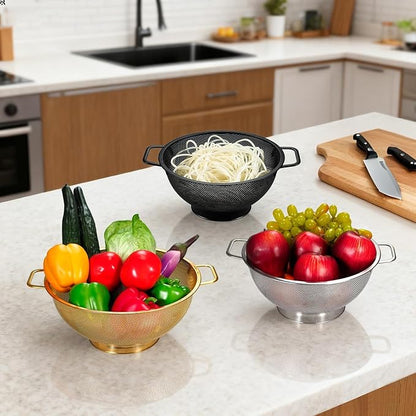 3PCS Three Colors Mix Colander Set, 3QT Black & 4QT Silver & 5QT Gold, Stainless Steel Pasta Strainer with Handle for Prepping Washing Draining Storing Food, Dishwasher Safe - Image 3