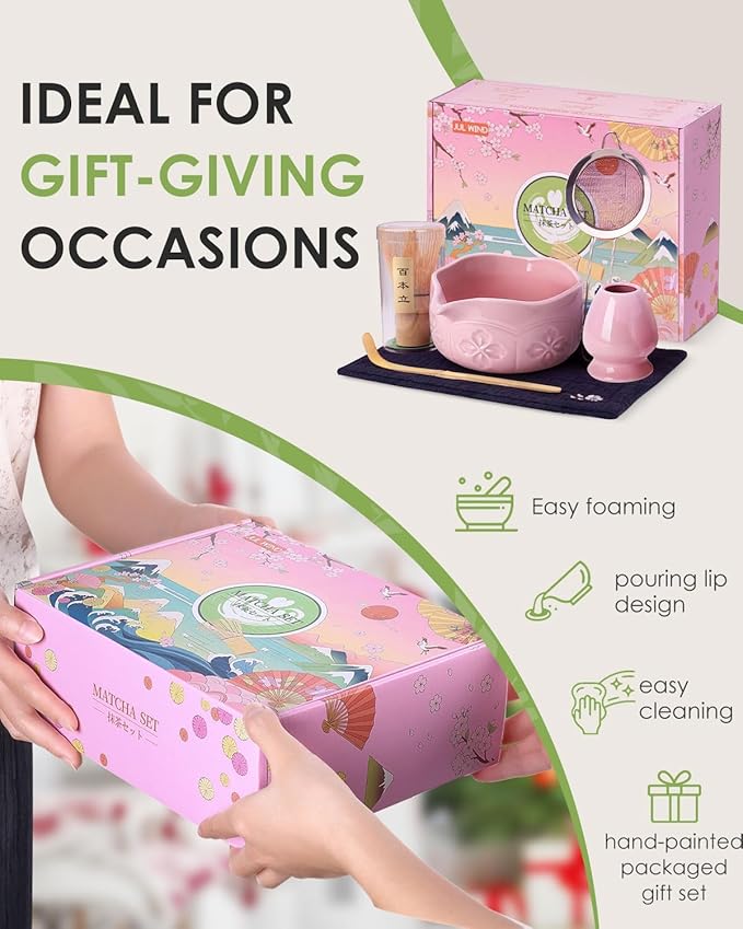 Matcha Whisk Set, Ceramic Matcha Set Includes Bowl with Spout, Whisk and Holder, Bamboo Scoop, Sifter and Tea Towel - 6 Pcs Matcha Kit Gift for Lovers Beginners (Pink) - Image 7