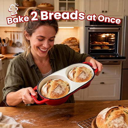 YONILL Mini Double Dutch Oven for Sourdough Bread Baking - Enameled Cast Iron Dutch Oven Pot with Lid and 5" Banneton Bread Proofing Basket Kit, Dual Round Bread Loaf Pan for Homemade Baking (Red) - Image 2