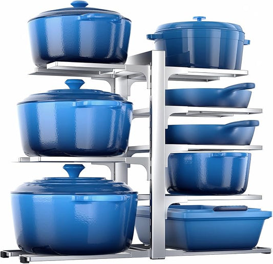 ORDORA Pots and Pans Organizer Rack for Cabinet, 15.83" Height 8-Tier Heavy Duty 120LBS Pot Pan Organizer under Cabinet Adjustable for Cast-iron Pan, Heavy Skillets Griddles, Shallow Pot, Silver by ORDORA