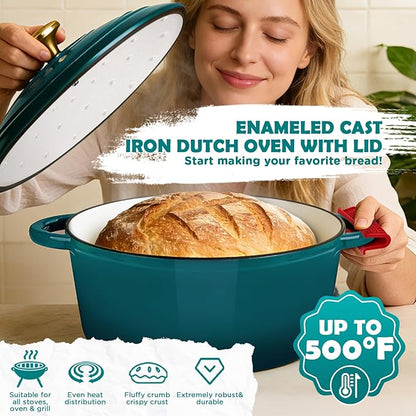 Enameled Cast Iron Dutch Oven Pot with Lid, Incl. Sourdough Bread Baking Supplies Like Banneton Bread Proofing Basket, Starter Jar, Scoring Tool Lame, 5QT Dutch Oven for Bread Baking, Oven Safe up to 500°F - Image 5