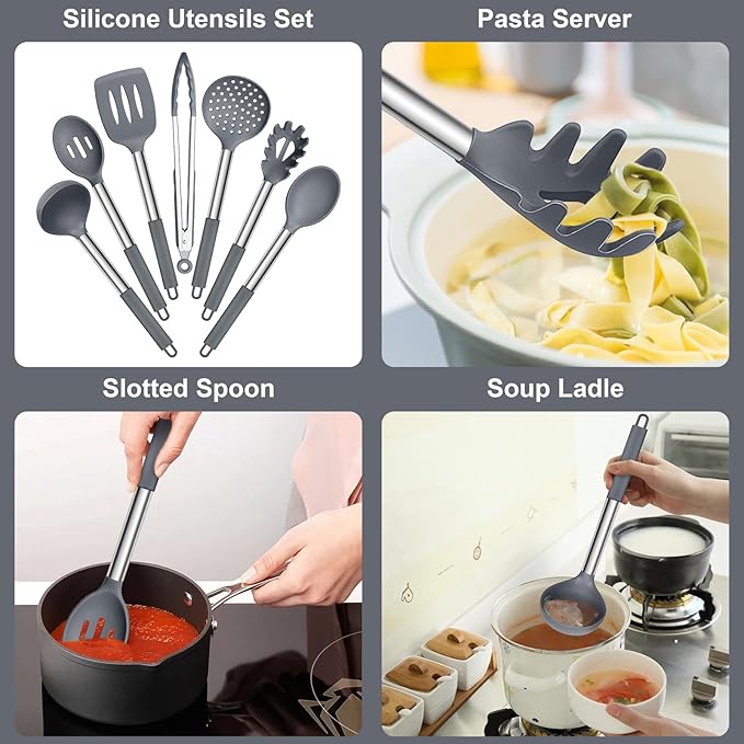 E-far Silicone Cooking Utensils Set, 7 Pcs Heat Resistant Kitchen Utensils with Stainless Steel Handle, Slotted Turner, Spoon, Soup Ladle, Pasta Server, Skimmer, Tongs for Nonstick Cookware, Gray - Image 3