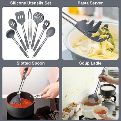 E-far Silicone Cooking Utensils Set, 7 Pcs Heat Resistant Kitchen Utensils with Stainless Steel Handle, Slotted Turner, Spoon, Soup Ladle, Pasta Server, Skimmer, Tongs for Nonstick Cookware, Gray - Image 3