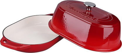 VORRINGARD Enameled Cast Iron Dutch Oven Pot with Dome Lid, Oval Bread Oven for Homemade Sourdough Bread Baking, Oven Safe up to 500°F, 6 Quart, Red