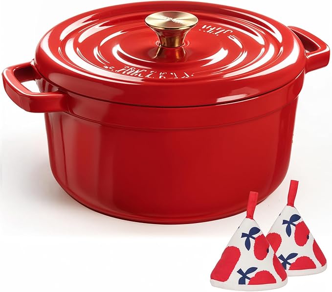 Overmont Enameled Cast Iron Dutch Oven - 5QT Pot with Lid Cookbook & Cotton Potholders - Heavy-Duty Cookware for Braising, Stews, Roasting, Sourdough Baking red by Overmont