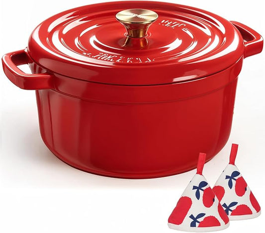 Overmont Enameled Cast Iron Dutch Oven - 5QT Pot with Lid Cookbook & Cotton Potholders - Heavy-Duty Cookware for Braising, Stews, Roasting, Sourdough Baking red by Overmont