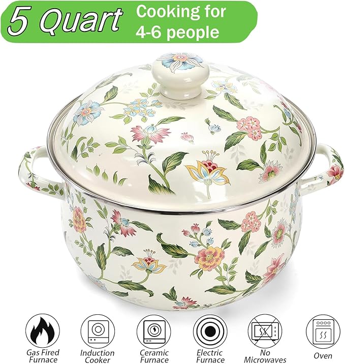 Jucoan 5 Quart Enamel Stockpot with Lid, Green Floral Enamelware Cooking Pot with Dual Handles for Stovetop, Large Soup Pot Potpourri Simmer Pot Gift for Housewarming Bridal Shower Mother's Day - Image 2