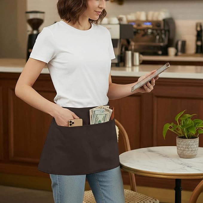 BOHARERS Waist Apron with 3 Pockets - Brown Waitress Waiter Server Short Apron（brown） - Image 3