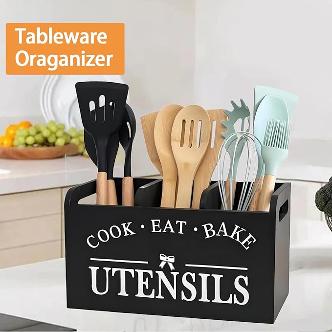 Utensil Holder,Wooden Utensil Holder for Kitchen Counter, Cooking Utensil Organizer with 3 Compartments,Utensil Crock for Silverware Spoon Spatula - Image 4
