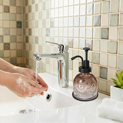 SheeChung Vintage Soap Dispenser, Kitchen Dish Soap Dispensers with Pump Mat, Glass Hand Soap Dispenser for Bathroom, Liquid, Lotion, Refillable, Rustic Farmhouse Decor-Brown (Black Pump, 1 pk)