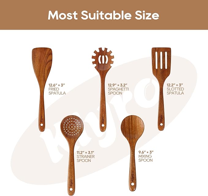 Teak Kitchen Utensils Set, 5 Piece Premium Wooden Cooking Utensils Set, Non-Stick Heat-Resistant Wooden Spoons for Cooking, New Apartment Essentials - Image 6