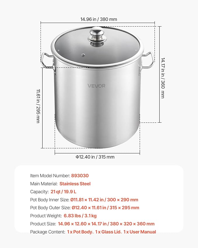 VEVOR Stainless Steel Stock Pot, 21-Quart Stainless Steel Stockpot with Glass Lid, PFOA-Free, PFAS-Free, Compatible with Gas Stoves, Induction Cooktops, Electric Stoves, for Soups, Stews, and Pasta - Image 7