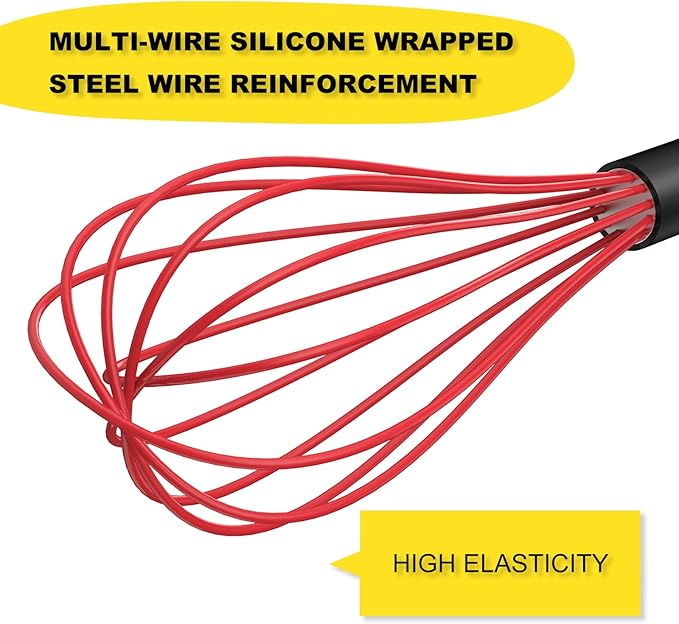 NileHome Silicone Whisk Set 8" 10" 12", 3 Pack Kitchen Whisk Kitchen Wisk Wire Whisks for Cooking, Whisking, Blending, Beating, Stirring-Red - Image 3