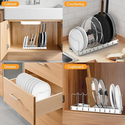 FLSEPAMB Pan Organizer - Adjustable Lid Organizer for Kitchen, Heavy Duty Pot Lid Organizer, Under Sink, Drawer, Pantry Storage - Image 5