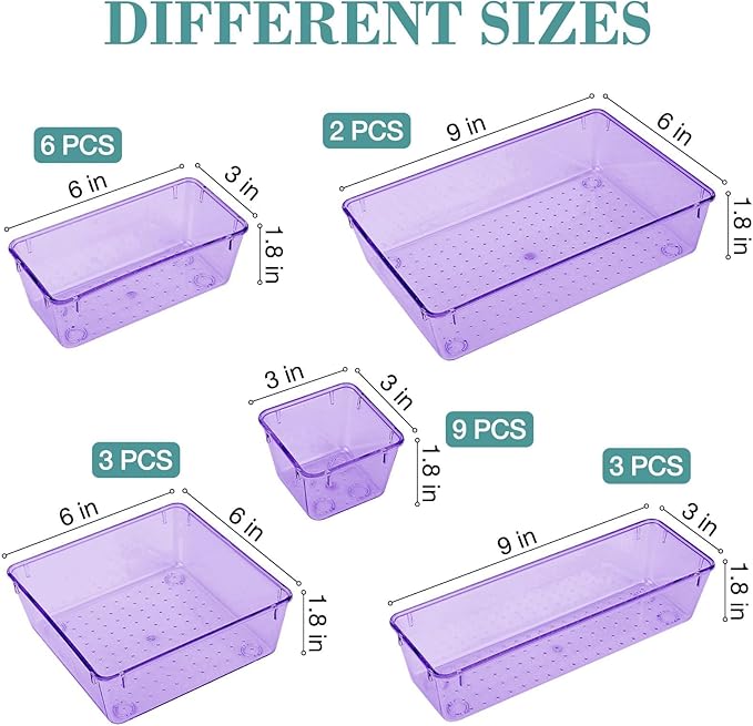 StorMiracle 23 PCS Drawer Organizer Set, 5 Varied Size Bathroom and kitchen Drawer cabinet organizer Trays, Clear Storage Bins for Makeup, Jewelry, Utensils and Gadgets, Purple - Image 2