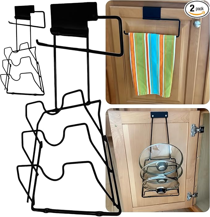 Evelots 2-in-1 Pot Lid Organizer with Towel Holder - 2 Pack, 3-Tier Cabinet Door Rack - Space-Saving Kitchen Organizer for Glass or Metal Pan Lids & Towels - Over the Door Design - Black