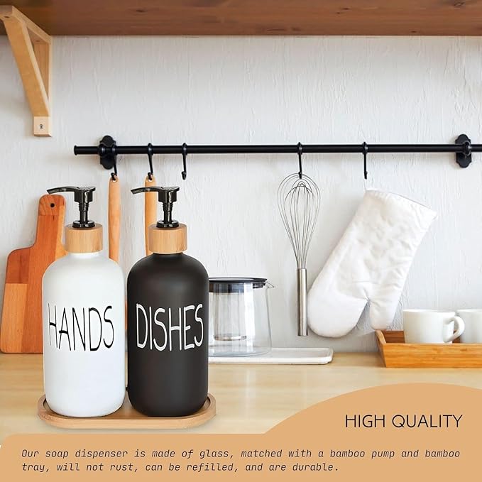 Glass Soap Dispenser Set, Hand Soap and Dish Soap Dispenser with Bamboo Tray. Vintage Soap Dispenser with Pump for Kitchen Drain Outlet and Bathroom. Stylish Permanent Labels (Matte Black&White) - Image 5