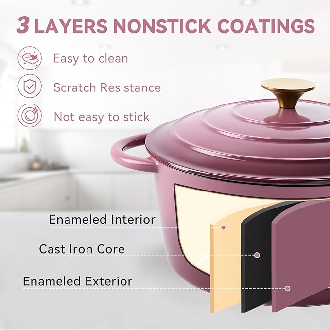 Miereirl 4.5 Quart Enameled Dutch Oven Pot with Lid, Cast Iron Dutch Oven with Dual Handles for Bread Baking, Cooking, Non-stick Enamel Coated Cookware, Rose - Image 5