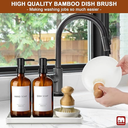 GMISUN Dish Soap Dispenser, 16 Oz Kitchen Soap Dispenser Set with Ceramic Tray & Bamboo Brush, 2 Pack Thick Amber Glass Soap Dispenser, Farmhouse Refillable Hand and Dish Liquid Soap Pump Bottle Set - Image 5