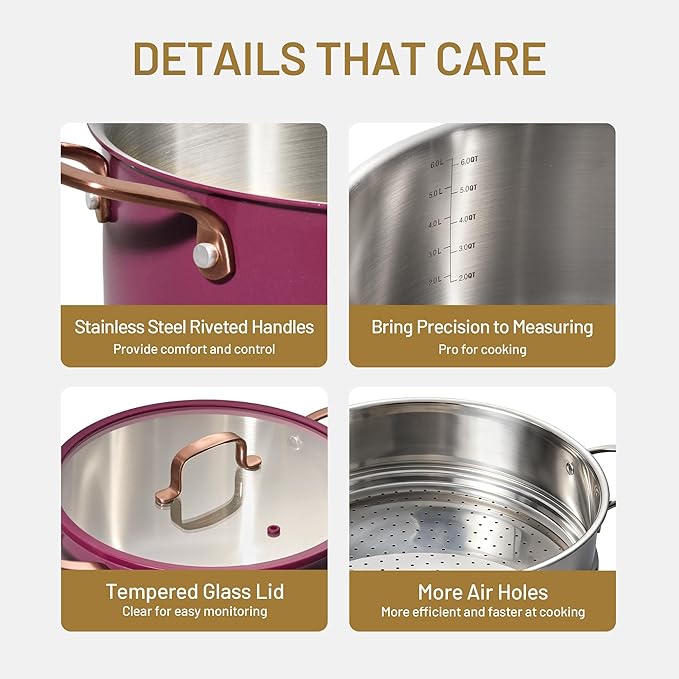 CAROTE 8QT Full Clad Tri Ply Stainless Steel Stock Pot with Lid, Kitchen Stockpot Soup Pot, Outer Ceramic Layer, Even Heating, All Stoves Compatible, Oven & Dishwasher Safe, Stay Cool Handle, Purple - Image 4