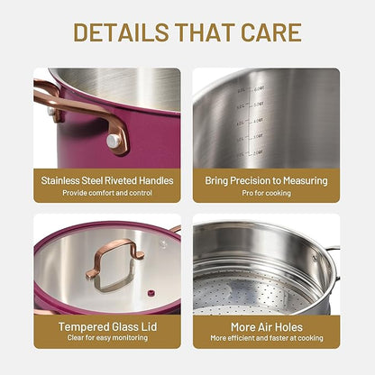 CAROTE 8QT Full Clad Tri Ply Stainless Steel Stock Pot with Lid, Kitchen Stockpot Soup Pot, Outer Ceramic Layer, Even Heating, All Stoves Compatible, Oven & Dishwasher Safe, Stay Cool Handle, Purple - Image 4