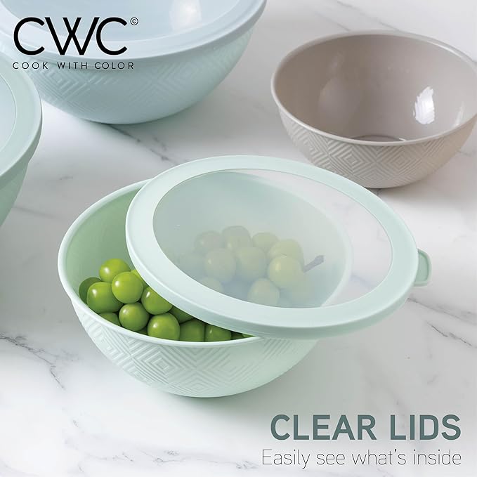 COOK WITH COLOR Mixing Bowls with Lids - 12 Piece Plastic Nesting Bowls Set includes 6 Prep Bowls and 6 Lids, Microwave Safe Mixing Bowl Set, Mint Rhombus - Image 4