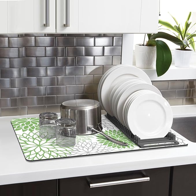 Findosom 2PCS 12" x 20" Dish Drying Mat & 24" x 5.5" Sink Splash Guard, Super Absorbent & Cuttable Dish Mat Drying Kitchen Mat with Green Floral, Hide Stain Drying Mat for Kitchen Counter - Image 5