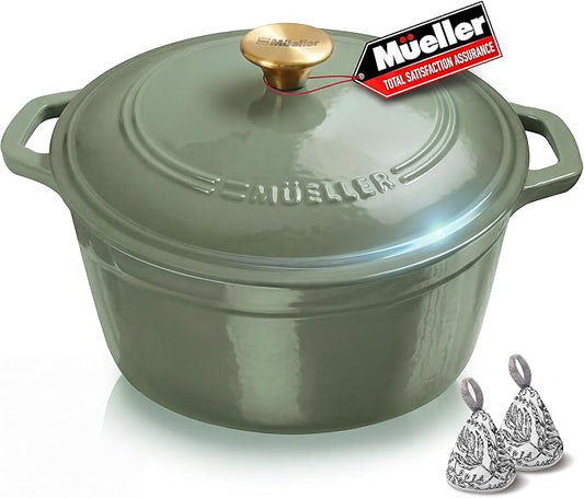 MUELLER HOME 6 Quart Enameled Cast Iron Dutch Oven For Sourdough Bread Baking, Heavy-Duty, Oven-Safe up to 500° F & Across All Cooktops, Casserole Dishes, Green Kitchen Accessories, Thyme Green by MUELLERHOME