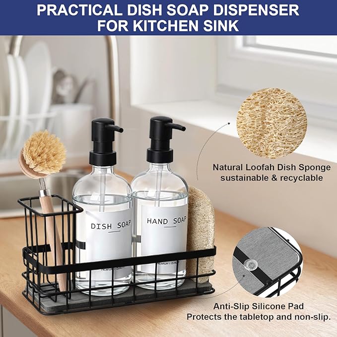 Dish Soap Dispenser for Kitchen, 16.9 fl oz Clear Hand and Dish Soap Dispensers, Kitchen Soap Dispenser Set with Sponge Holder, Brush Holder and Loofah Sponge, Countertop Sink Organizer Accessories - Image 6