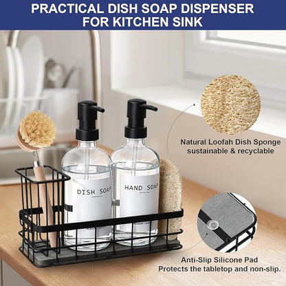 Dish Soap Dispenser for Kitchen, 16.9 fl oz Clear Hand and Dish Soap Dispensers, Kitchen Soap Dispenser Set with Sponge Holder, Brush Holder and Loofah Sponge, Countertop Sink Organizer Accessories - Image 6