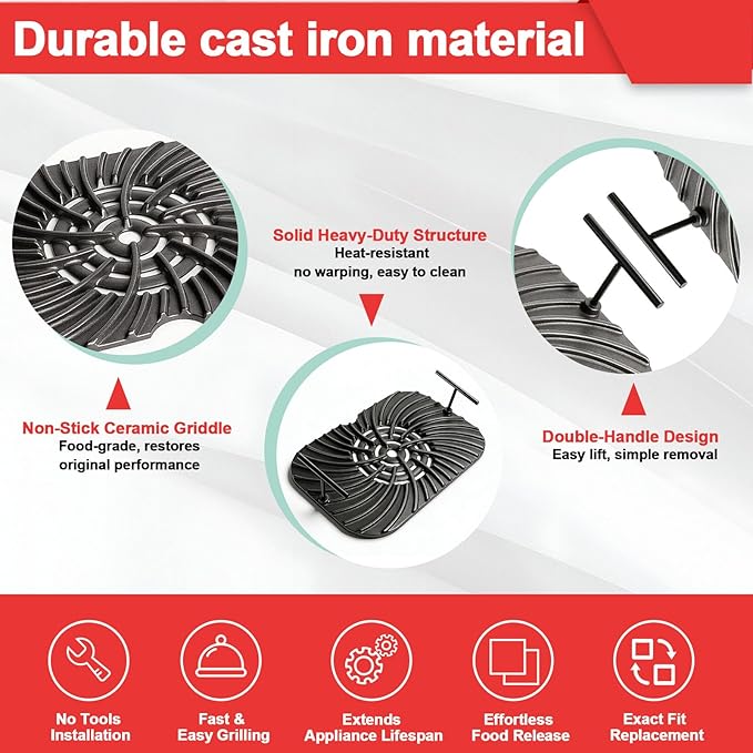 Grill Grate for Ninja Foodi FG551 Grill Accessories, Cast Iron Griddle Plate Replacement Parts for Ninja Foodi Smart XL 6-in-1 Grill, Non-Stick, 13.36"x9.1"