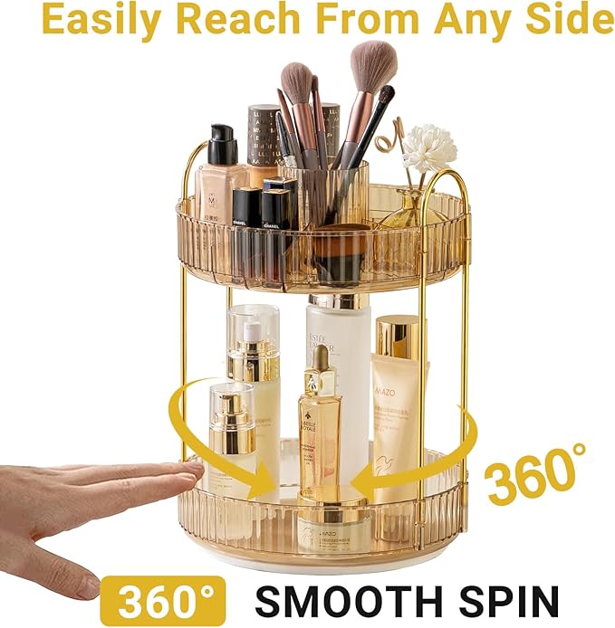Asayuee 360 Rotating Makeup Organizer,2 Tier Large Capacity Make Up Organizers and Storage,Skincare Perfume Vanity Organizers,Bathroom Cosmetics Storage Organizer Countertop(Gold) - Image 3