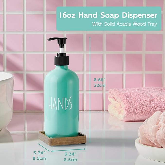 Turquoise Glass Hand Soap Dispenser with Acacia Wood Tray, 16 oz Refillable Hand Soap Pump Bottle, Decorative Teal Countertop Soap Dispenser Set for Kitchen, Bathroom, Restaurant - Image 5
