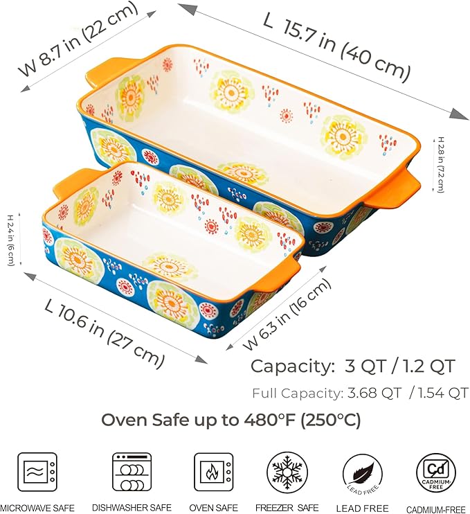 Ceramic Baking Dish Set of 2, 3QT & 1.2QT Stoneware Casserole Dishes for Oven, Rectangular Bakeware with Handles, Oven Safe 480°F, Microwave Dishwasher Safe, Lasagna & Brownie Pan - Ocean Blue